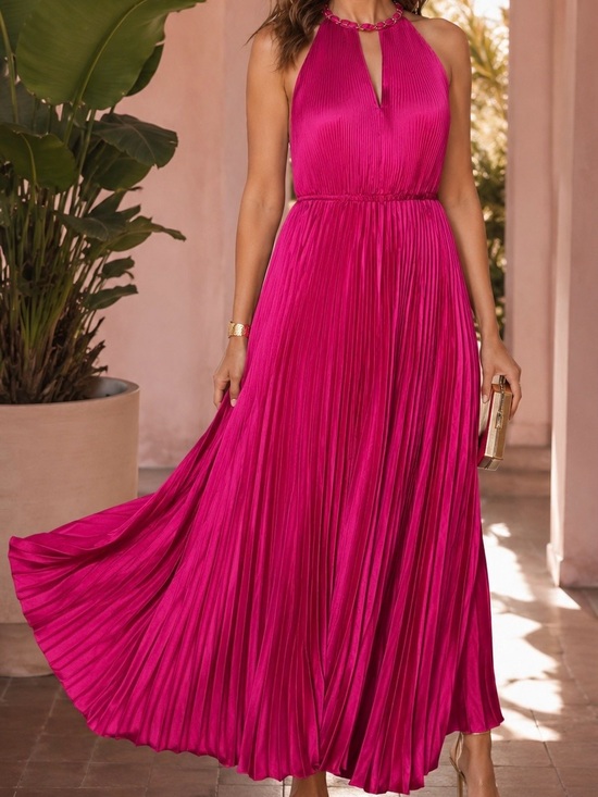 Milly Dresses & Skirts - Milly ‘Kora’ Fuchsia Pink Accordion Pleated Satin Halterneck Maxi Dress Size 10